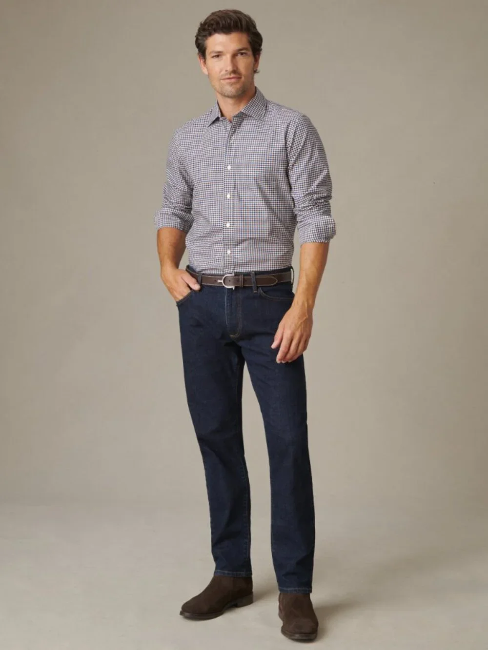 J McLaughlin Gramercy Cotton Shirt in Gingham Multi - Navy/Brown NEW